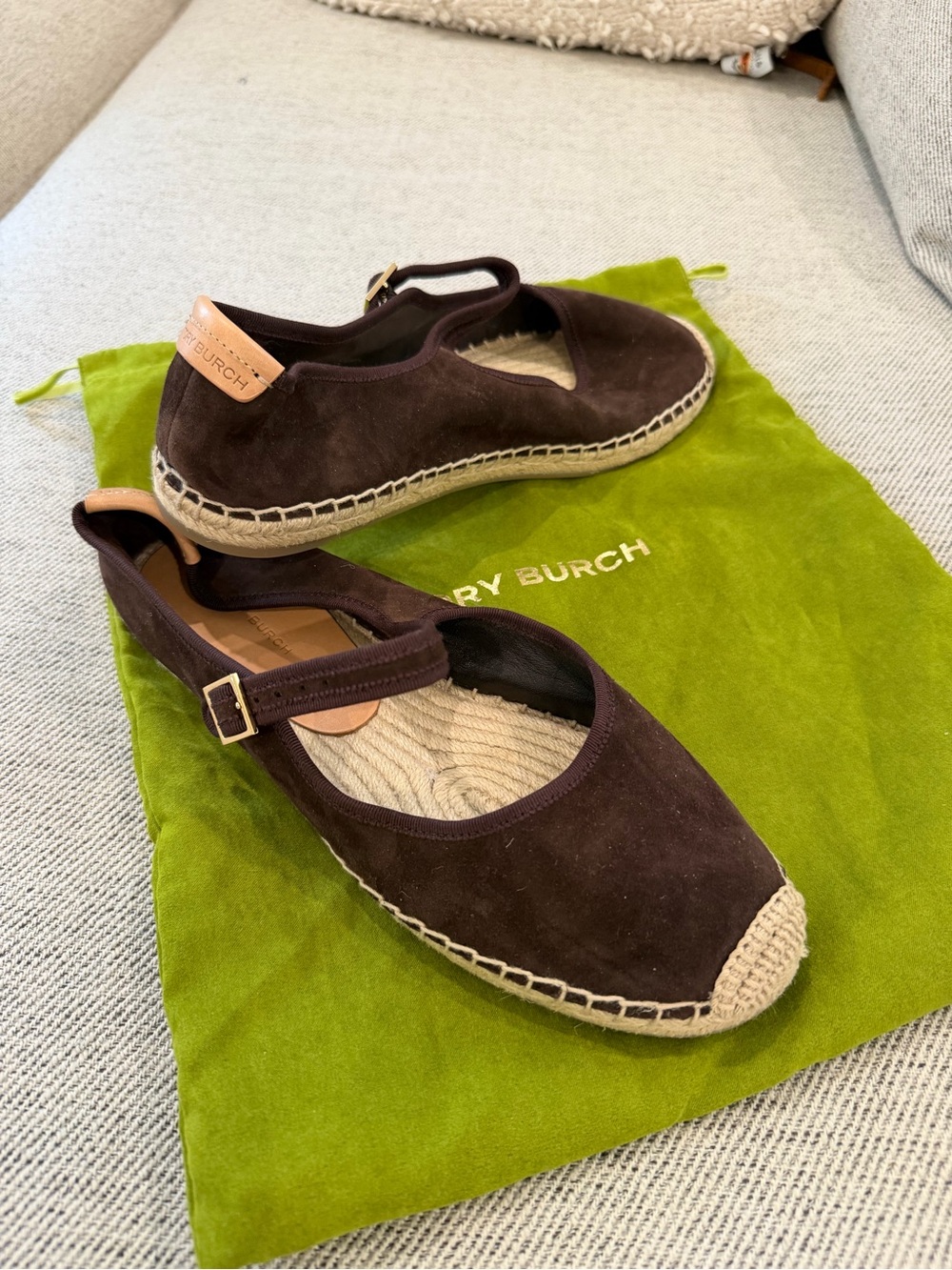 Tory Burch Dark Brown Suede Espadrille Mary Janes with Ankle Strap